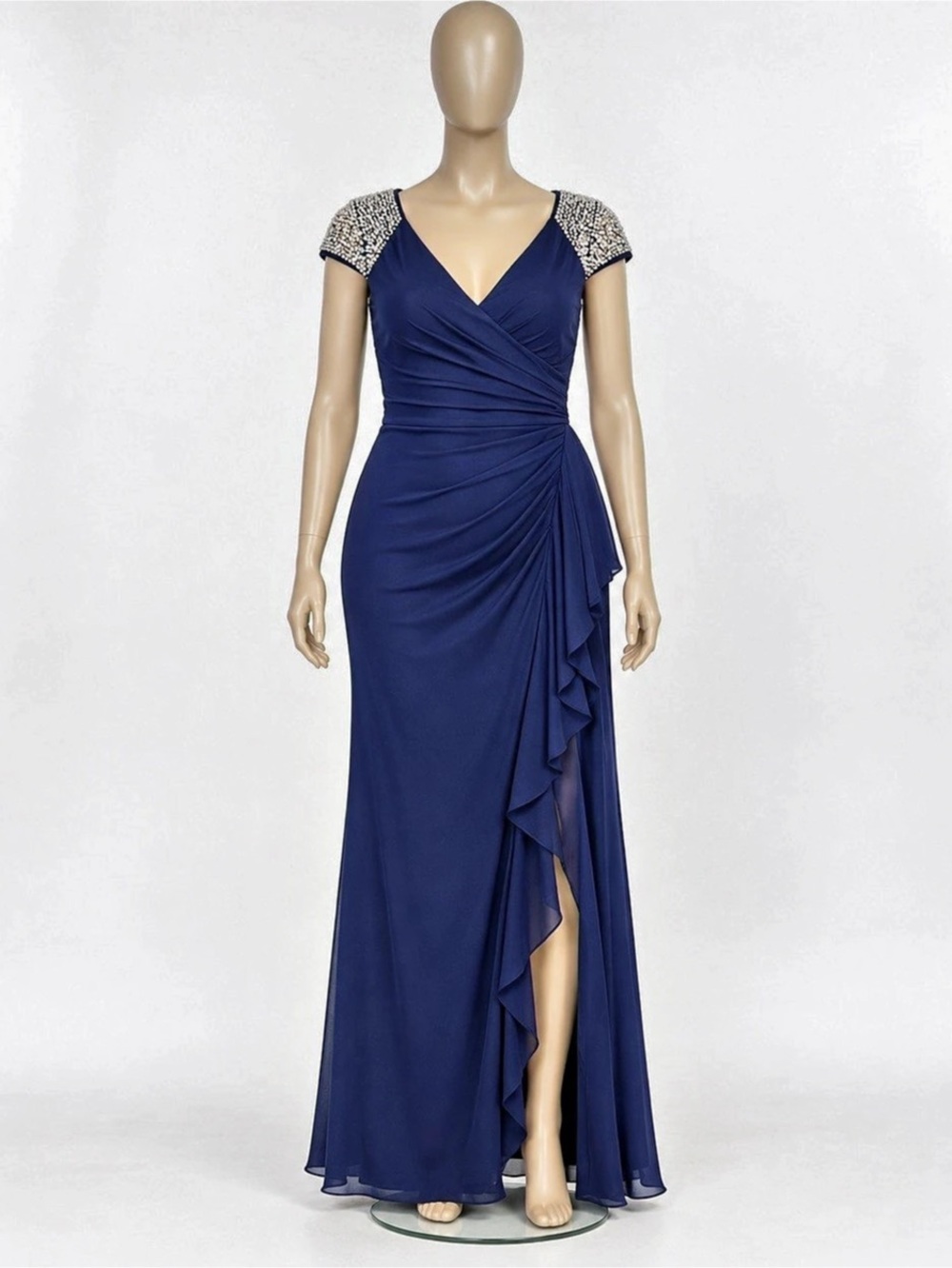 Embellished Chiffon Cap Sleeve A-Line Gown Blue